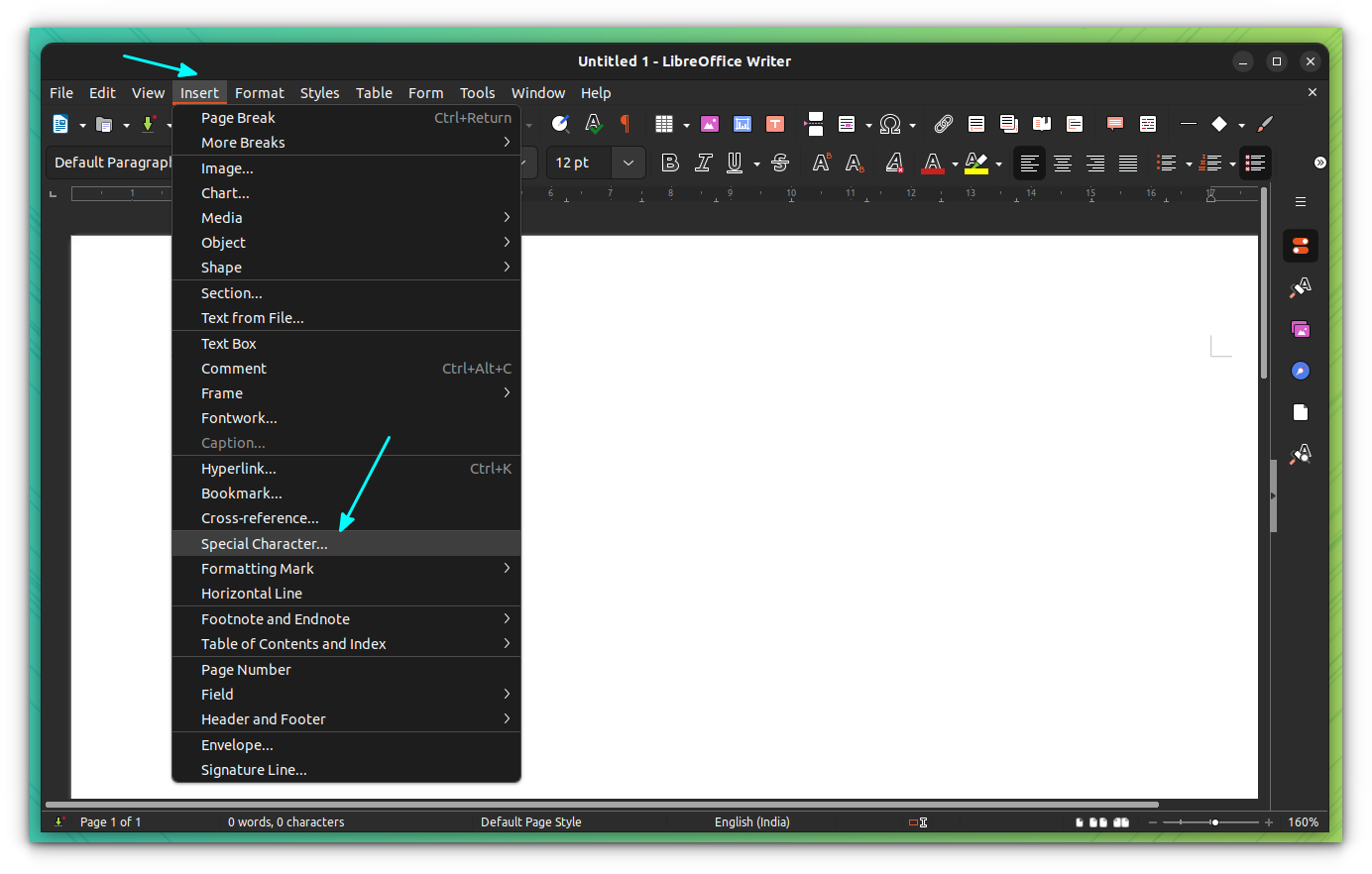 Select Special Character from Insert option in LibreOffice main menu