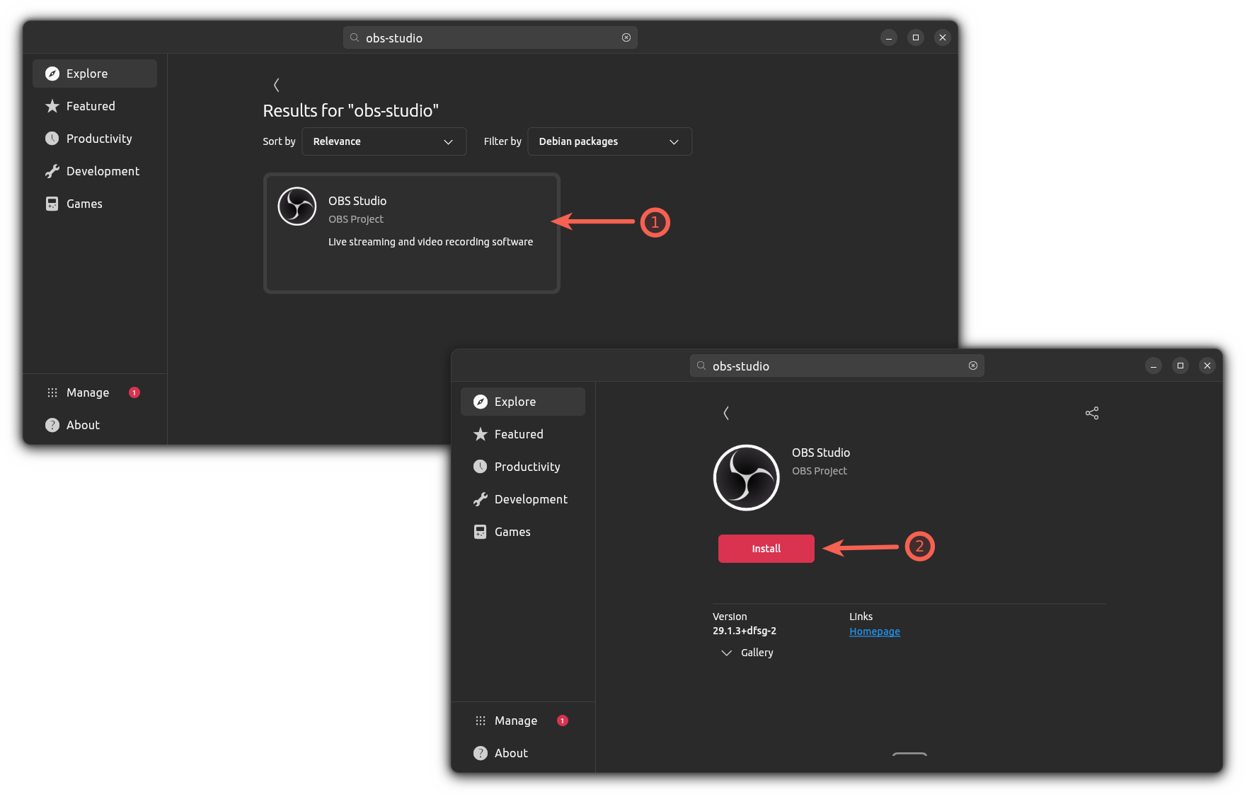 install OBS studio from Ubuntu app center