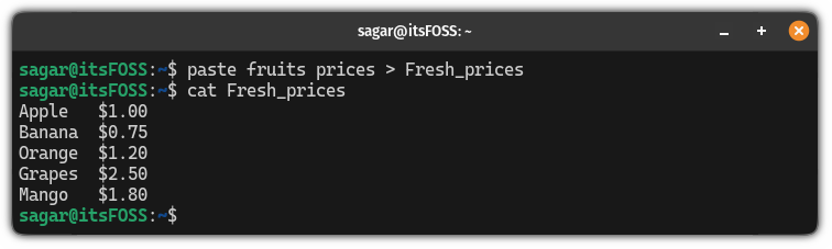 Save output of the paste command using redirection in Linux
