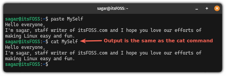 Use the paste command to print the file content
