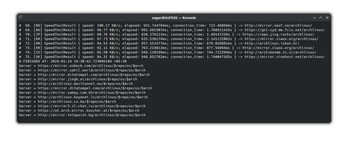 The rate mirrors utility listing the mirrors according to the provided distribution code