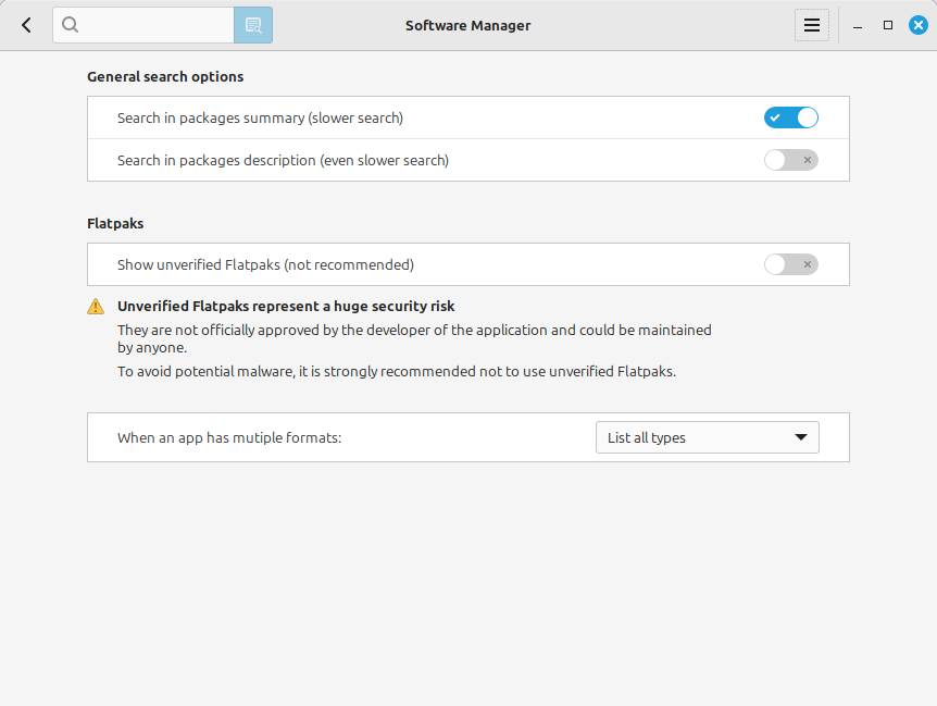 unverified flatpak apps in linux mint 22 settings