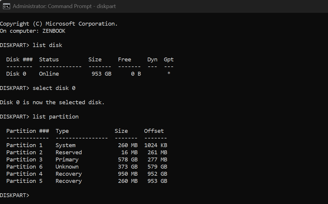 List all the partitions on the disk
