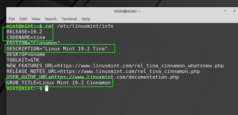 Check Linux Mint version number with /etc/linuxmint/info